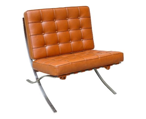 In the manner of Mies Van Der Rohe for Knoll Associates - Barcelona style lounge chair, upholstered in tan faux leather, the 