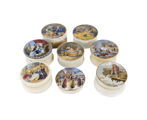 A 19th century Prattware transfer printed pot lid - decorated with a Christmas scene, together with seven other various pots 