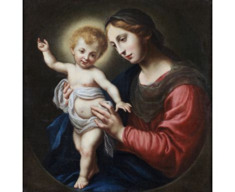 Madonna with child. . Oil on canvas . Cm 76,50 x 76,50. The artwork is accompanied by a card by Sandro Bellesi. In a good sta