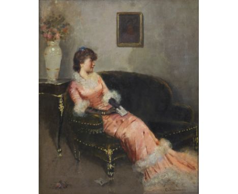Portrait of woman in an internal. Oil on canvas . Cm 31,00 x 37,00. Signature lower right. Frame present
