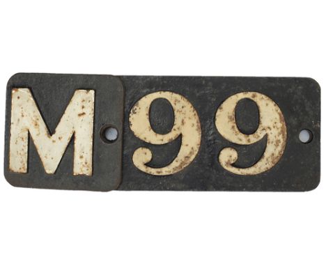 LMS smokebox numberplate 99 with the additional M prefix that was used for a short while after nationalisation. Ex LMS Stanie