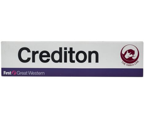 Modern image station platform sign CREDITON THE TARKA LINE FIRST GREAT WESTERN. Screen printed aluminium, in as removed condi