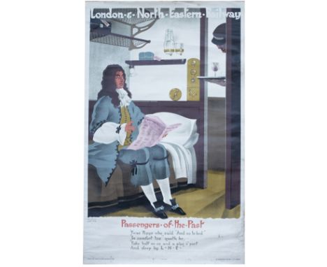 Poster LNER PASSENGERS OF THE PAST by Austin Cooper with an image of Samuel Pepys in a Railway carriage. Double Royal 25in x 