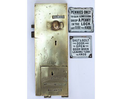 Brass toilet door Lock LOCKERBIE &amp; WILKINSON LTD TIPTON. Together with two small enamel plates PENNIES ONLY and SHUT &amp