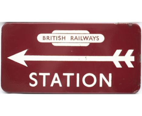 BR(M) FF direction sign STATION with British Railways totem and left facing arrow. In fair condition with restoration to the 