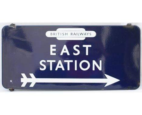 BR(E) FF station direction sign EAST STATION with right facing arrow and British Railways totem, believed to originate from P