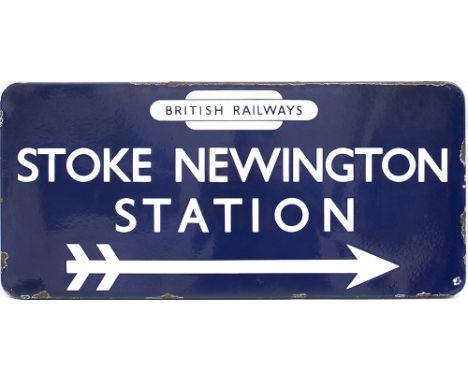 BR(E) FF enamel direction sign STOKE NEWINGTON STATION with British Railways totem and right facing arrow, from the former Gr