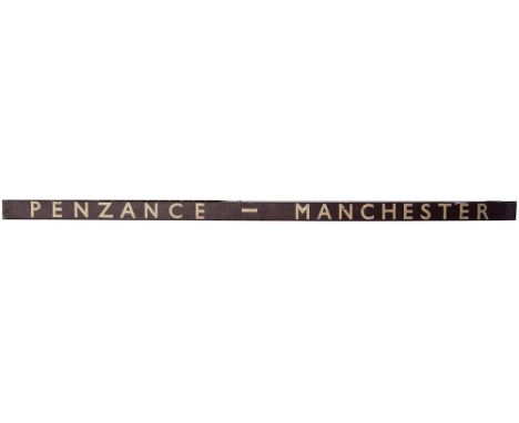 BR(W) carriage board PENZANCE MANCHESTER. In good condition complete with metal ends, measure 132in x 5in.
