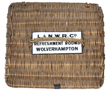 London &amp; North Western Railway wicker Luncheon Basket with original enamel plate L.&amp;N.W.R.CO REFRESHMENT ROOMS WOLVER