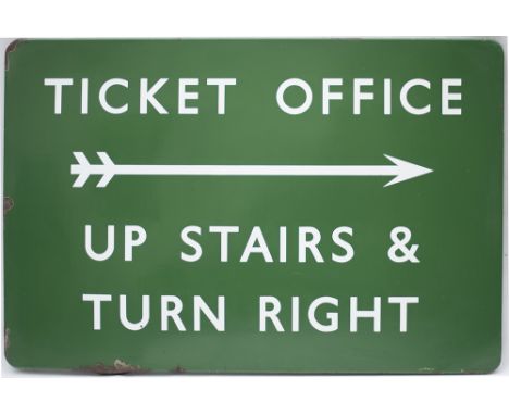 BR(S) FF enamel station sign TICKET OFFICE UPSTAIRS &amp; TURN RIGHT with right facing arrow. In very good condition with min