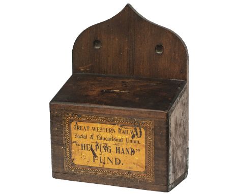 Great Western Railway mahogany donation box. With original label GREAT WESTERN RAILWAY SOCIAL &amp; EDUCATIONAL UNION HELPING