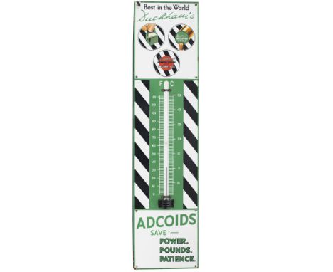 Advertising enamel thermometer DUCKHAMS ADCOIDS BEST IN THE WORLD SAVE POWER, POUNDS, PATIENCE. Measures 45in x 11in and is i
