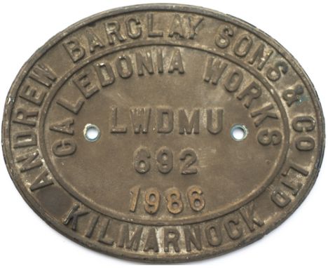 Worksplate Andrew Barclay &amp; Sons Co Ltd., numbered LWDMU 692 dated 1986. Ex 4-wheeled DH 230Hp Pacer Class 143, 2-car set