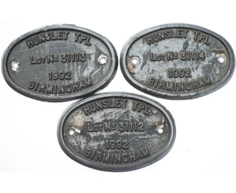 A set of 3 Class 323 builders plates HUNSLET TPL, BIRMINGHAM 1992. These 43 3-car electric multiple units were built for Regi