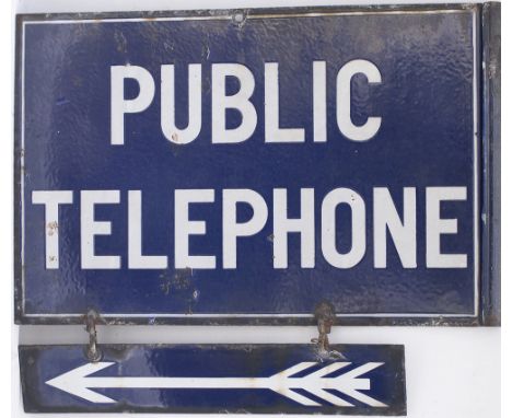 Post Office enamel sign PUBLIC TELEPHONE with separate enamel arrow. Double sided, both sides in very good condition, measure
