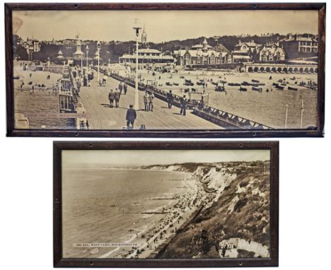 A pair of SR / LSWR sepia carriage prints ZIG ZAG CLIFF BOURNEMOUTH 18inx 9in very good condition and FROM THE PIER BOURNEMOU