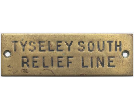 GWR hand engraved brass shelf plate TYSELEY SOUTH RELIEF LINE. In good condition with original black wax infill. Measures 4.7