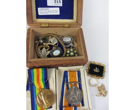 Pietra dura brooch, opal ring hallmarked 9ct, gold leaf brooch hallmarked 9ct, costume jewellery and pair WWI service medals 