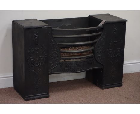 Georgian hob grate/fire place, Neo Classical relief mouldings, central fire basket, with two hot plates, W92cm, H61cm, D35cm 