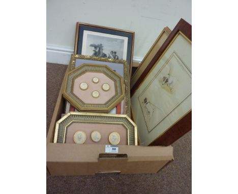 Seven plaster cameo reliefs, depicting Greek portrait busts, including various framed prints  Condition Report Click here for