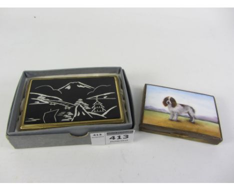 Gilt metal box with enamel Spaniel scene, inset photo frame and a Clover musical compact boxed Condition Report Click here fo