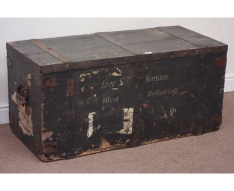 Early 20th century painted pine and metal bound travelling trunk, hinged lid enclosing zinc insert liner, bearing 'Liet S F M