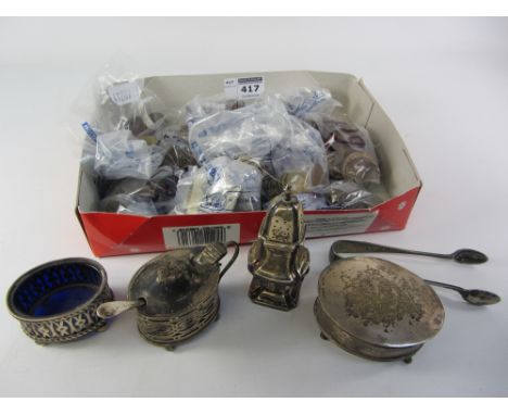 Hallmarked silver cruet, ring box and sugar nips, various coins Condition Report Click here for further images, condition, au