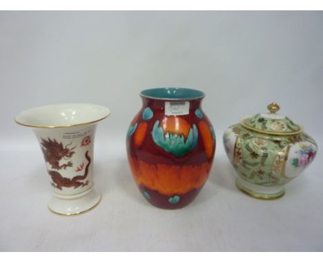 Meissen red dragon vase, Noritake covered vase with hand painted decoration, and a Poole Pottery vase (3) Condition Report Cl