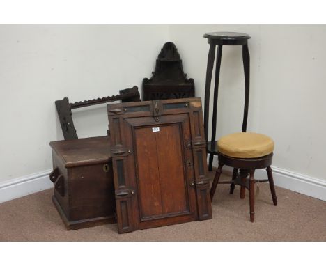 19th century continental panelled oak cupboard door (55cm x 69cm), swivel cork screw action stool, blanket box, corner cupboa