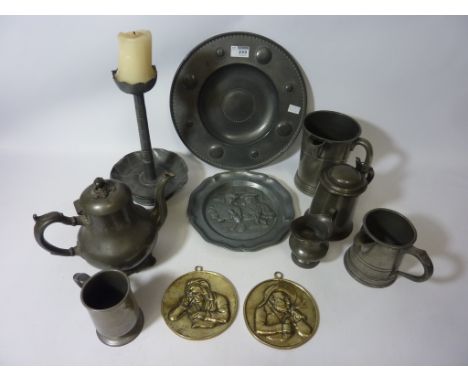 Oriental pewter candlestick, Victorian measures, other pewter items and a pair of cast brass plaques  Condition Report Click 
