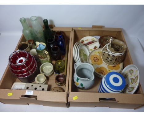 Denby and other stoneware pottery,lamp, Royal Doulton jug, brass caramel thermometer, old glass bottles and kitchenalia in tw
