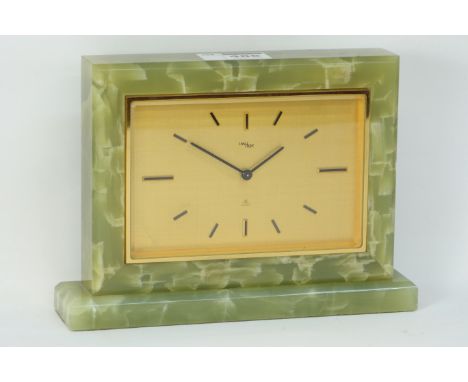 1970's onyx eight day mantel clock of rectangular form, brush brass face, raised on plinth base, 18 Jewels Swiss movement, W 