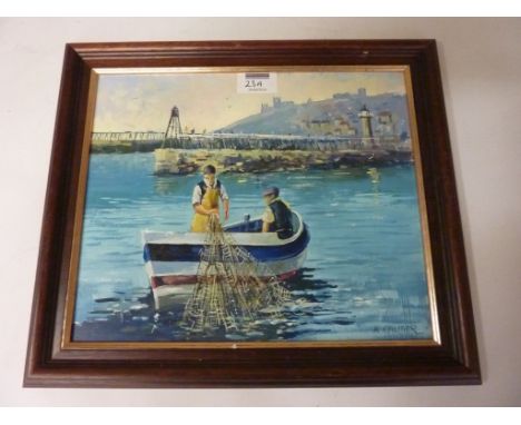 Fishing for Salmon off Whitby Harbour, oil on board signed by K. Palmer 24cm x 30cm Condition Report Click here for further i
