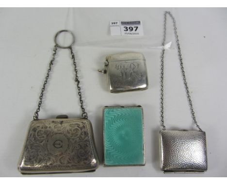 Silver purse Birmingham 1919, white metal purse and a silver and enamel card case Birmingham 1930 and an Edwardian vesta Cond