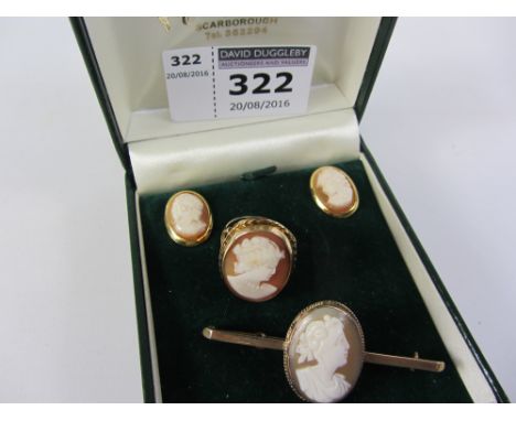 Cameo ring hallmarked 9ct, bar brooch stamped 9ct and a pair ear-rings stamped 925 Condition Report Click here for further im