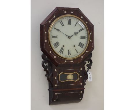 Late 19th century rosewood and mother of pearl drop dial wall clock, octagonal head with white pained face, Roman numerals ov