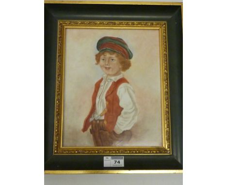 Over painted tile, depicting a young boy in stripped cap, W15cm, H 20cm Condition Report Click here for further images, condi