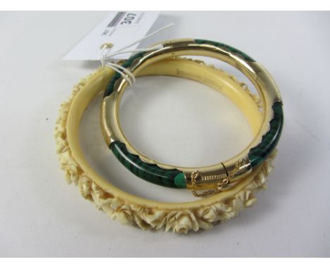 Gold mounted malachite hinged bangle and an early 20th century carved ivory bangle Condition Report Click here for further im