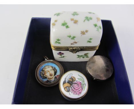 Silver pill box import marks, ceramic scent bottle box and pill box, enamel miniature Condition Report Click here for further