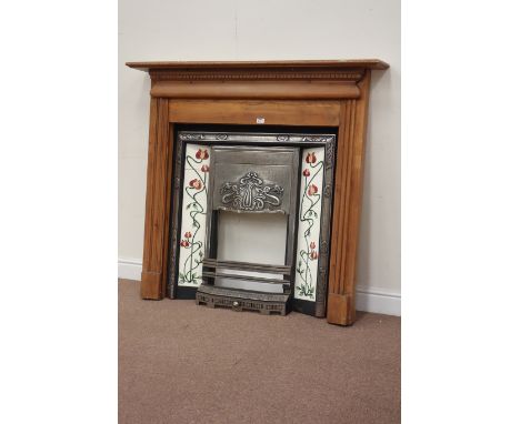Art Nouveau style fire insert fitted with enamel tiles, with pine fire surround, W133cm, H121cm (overall)   Condition Report 