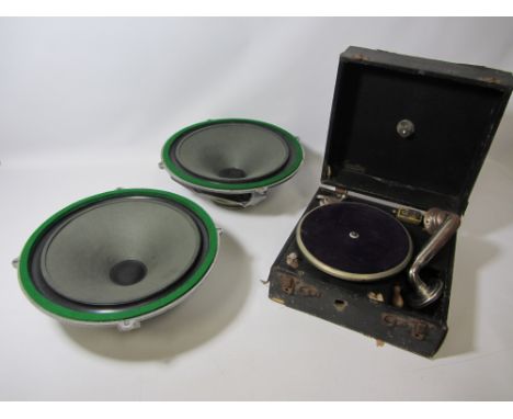 Vintage Wharfedale 12" speaker driver units and a Vintage Maxitone record player, desk stand Condition Report Click here for 