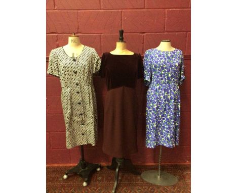 Selection of dresses by Donald Campbell and Laura B, mainly size 14 and 16, silk, velvet, button through, waisted.