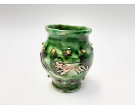 Castle Hedingham Edward Bingham green glazed pottery vase decorated with a band of four running animals, 11cm high
