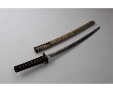 19th century Japanese Wakizashi, with unsigned curved steel blade, in shagreen covered scabbard, blade 45.5cm, 66.5cm overall