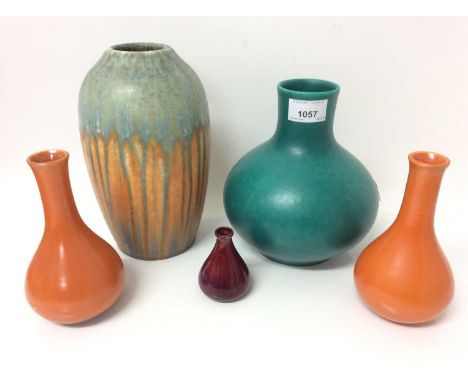 Royal Lancastrian Green glazed pottery vase, 19cm high, pair of Lancastrian bottle vases, 15cm high, miniature flambé vase, 7