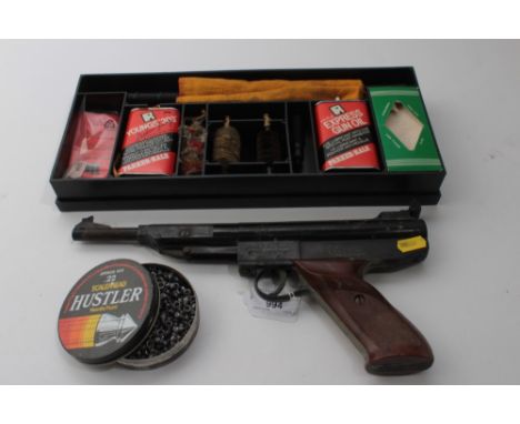 West German EM - GE, model LP3a, .22 calibre air pistol together with a tin of pellets and a vintage gun cleaning kit in case