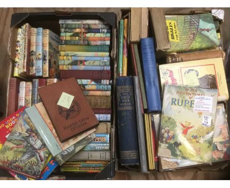 Two boxes of mainly vintage children's books, including many Enid Blyton, Biggles, others and two Rupert Annuals