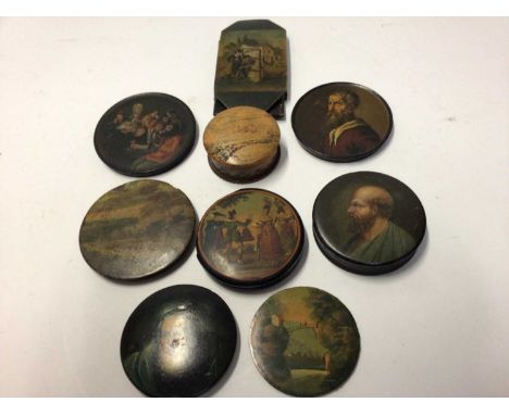 Group of 19th century papier mâché snuff boxes with hand painted decoration to lids, along with a treen snuff box and a lacqu