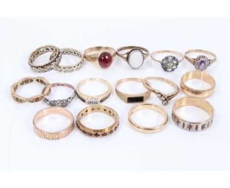 Group gold and yellow metal dress rings to include twelve 9ct gold gem set rings, three yellow metal rings and one silver gil