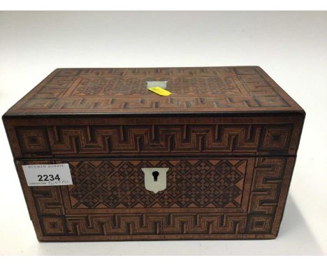 Victorian inlaid tea caddy with Greek key borders, mother of pearl escutcheon and cartouche, two interior lidded divisions, 2